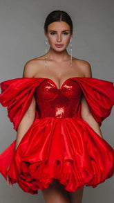 2025 New Spring Red Color Women Sexy Strapless Ball Gowm Mini Shinning Sequins Dress Celebrate Birthday Party Christmas Dress